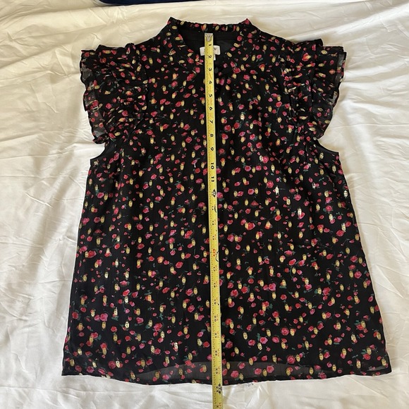 J Crew Women's XS Black Floral Sleeveless Ruffle Top Gold Accent‎ Blouse - Picture 4 of 5